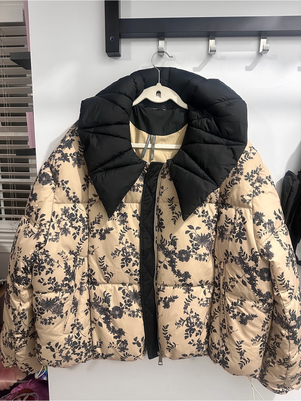 Anthropologie Beige Floral Puff Jacket with Black Collar
